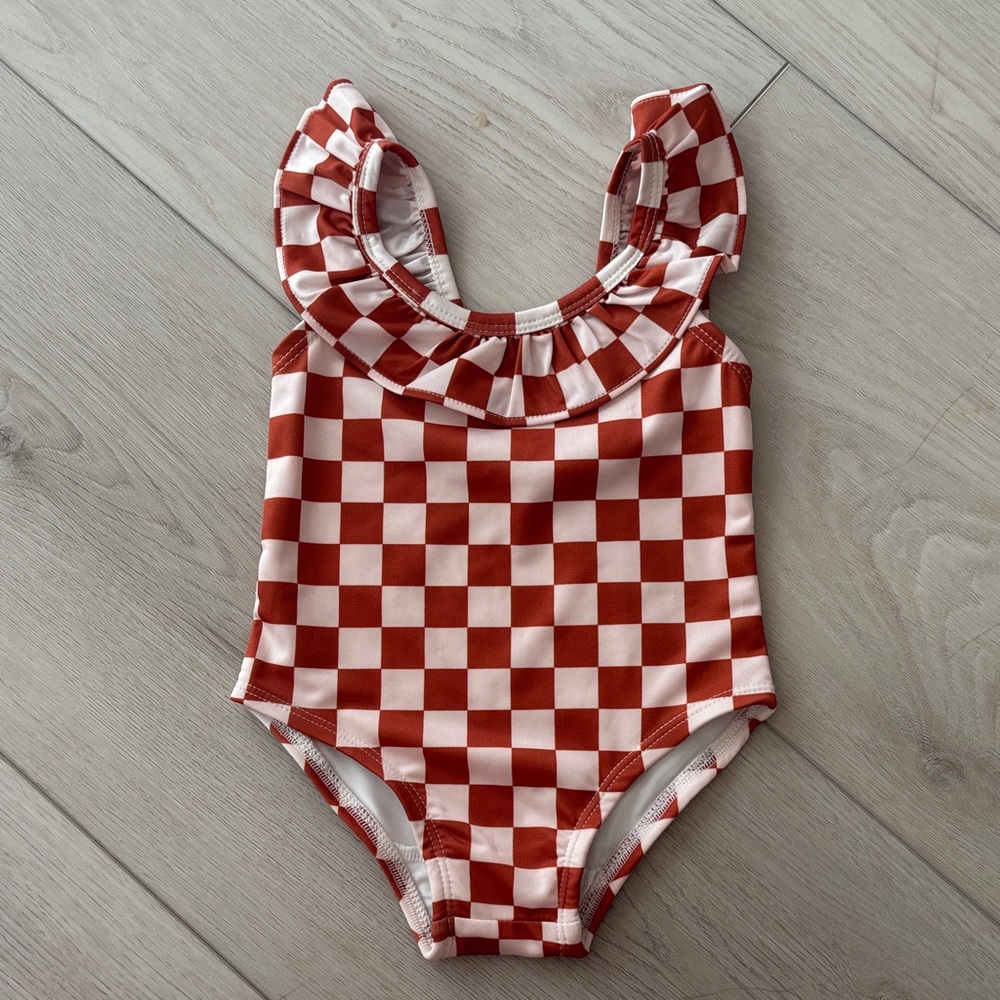 Kids burnt orange  Checkered Swimsuit